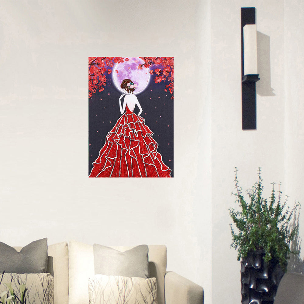 Vrouw in Rode Jurk Lichtgevend Speciaal Gevormd Diamond Painting