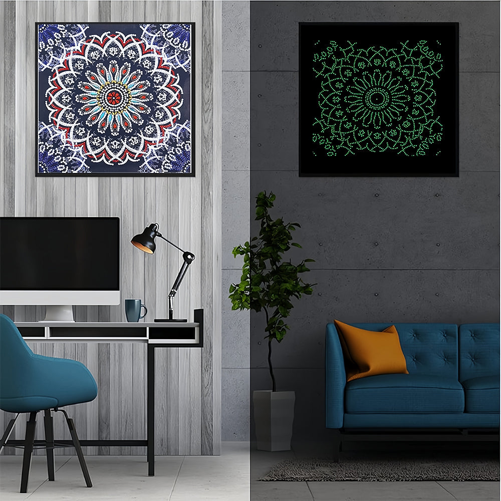 Rode en Blauwe Lotus Mandala Lichtgevend Speciaal Gevormd Diamond Painting