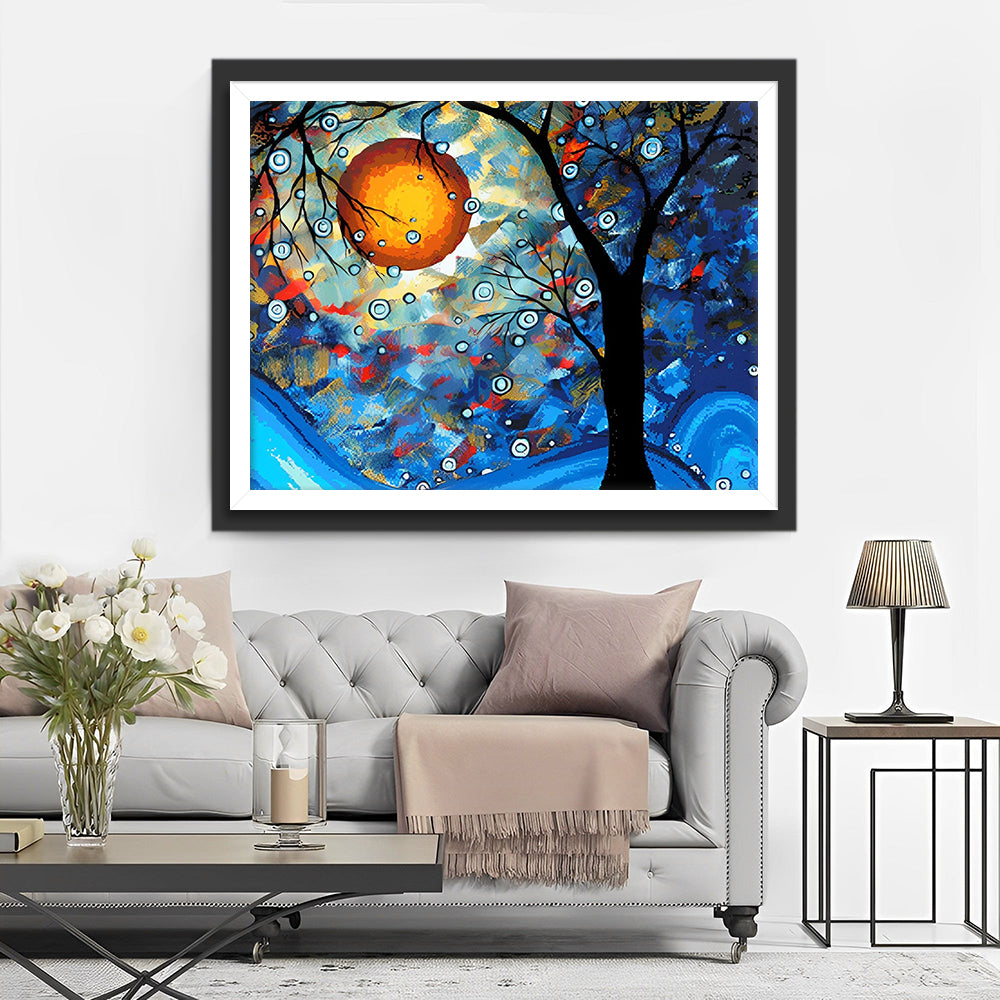 Abstracte Blauwe Boom en Maan Diamond Painting