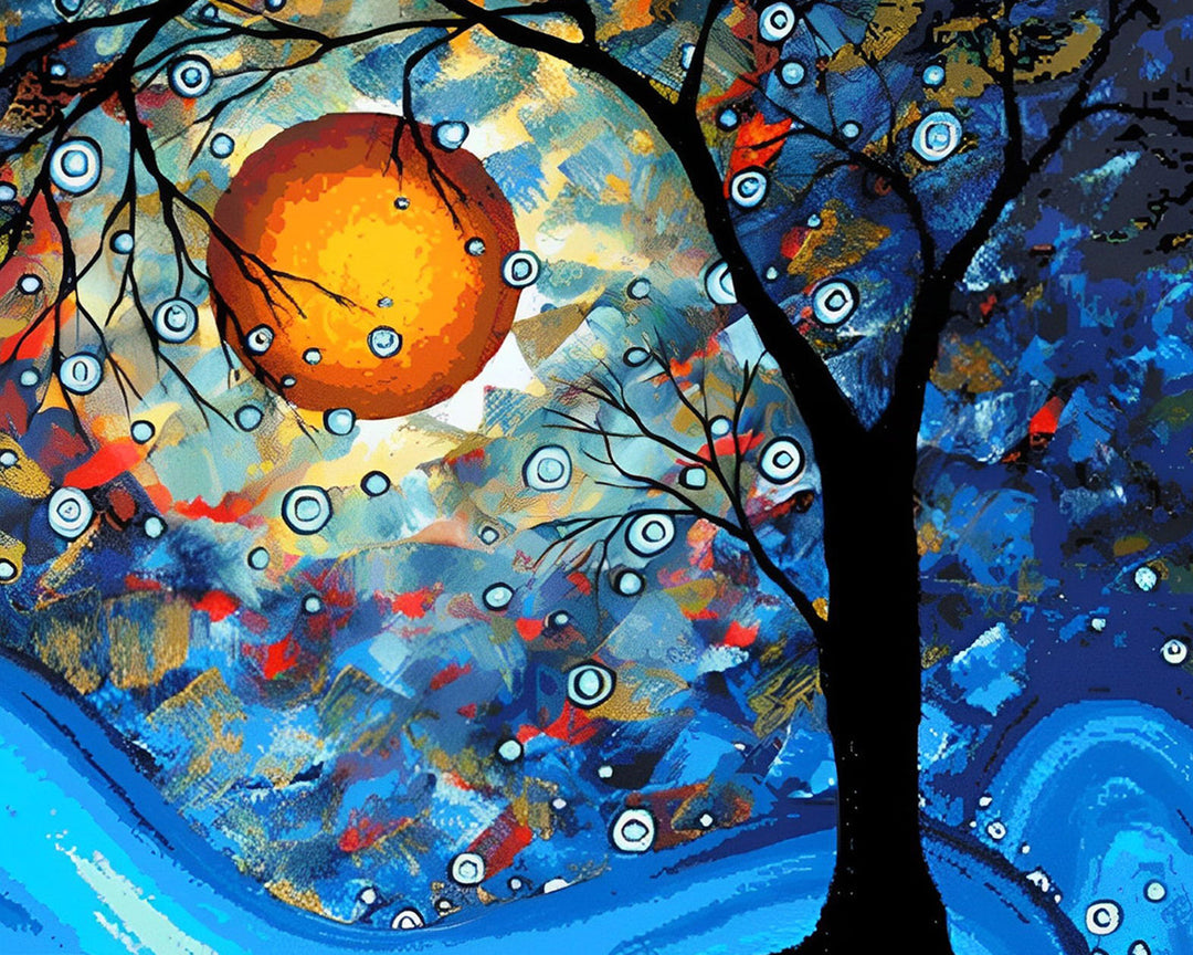 Abstracte Blauwe Boom en Maan Diamond Painting