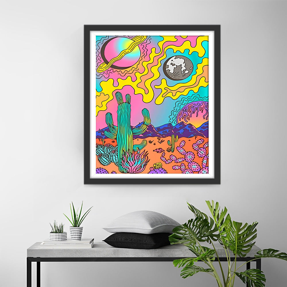 Abstracte Cactussen en Planeten Diamond Painting