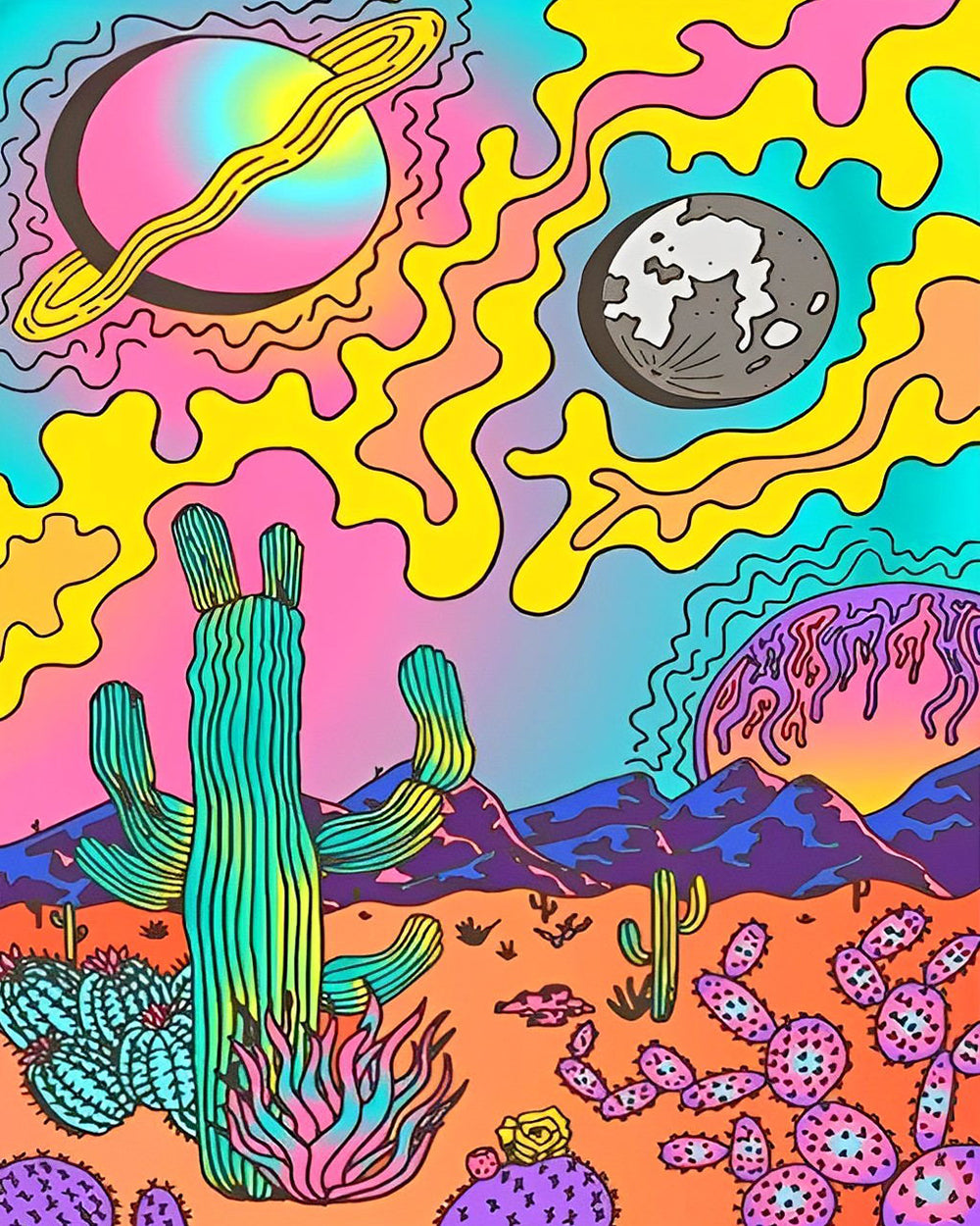 Abstracte Cactussen en Planeten Diamond Painting