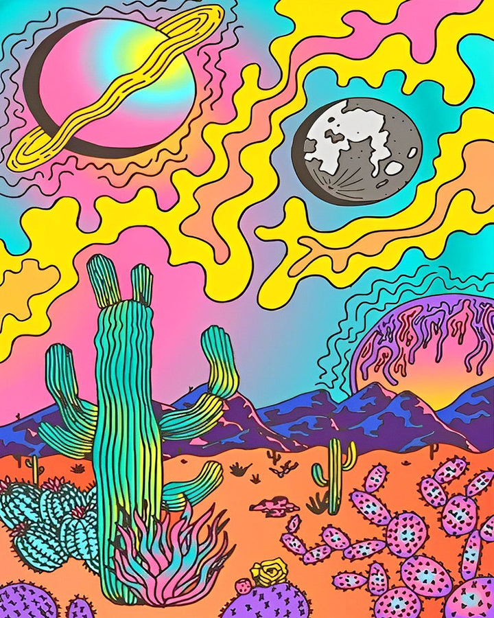 Abstracte Cactussen en Planeten Diamond Painting