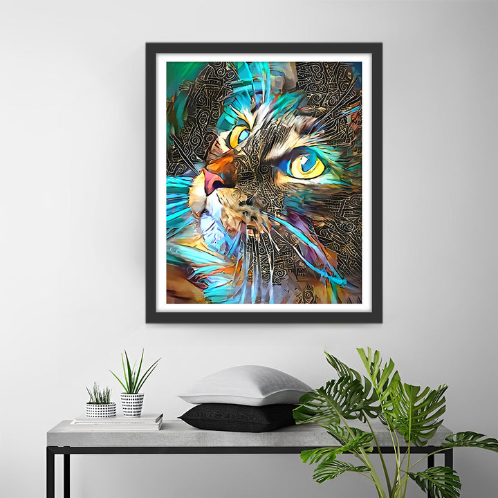 Abstracte Groene en Gouden Kat Diamond Painting