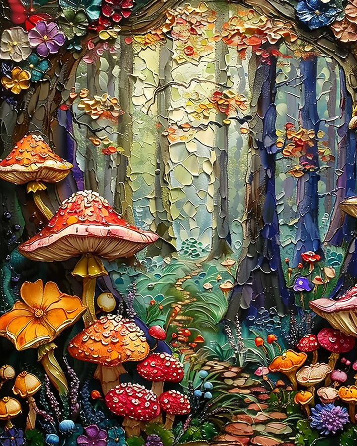Abstracte Paddenstoelen en Bloemen in het Bos Diamond Painting