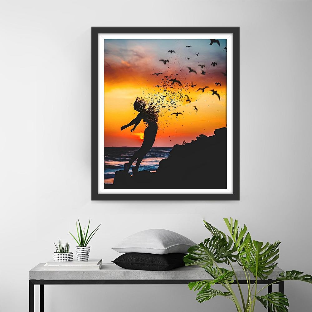 Abstracte Vrouw en Vogels Diamond Painting