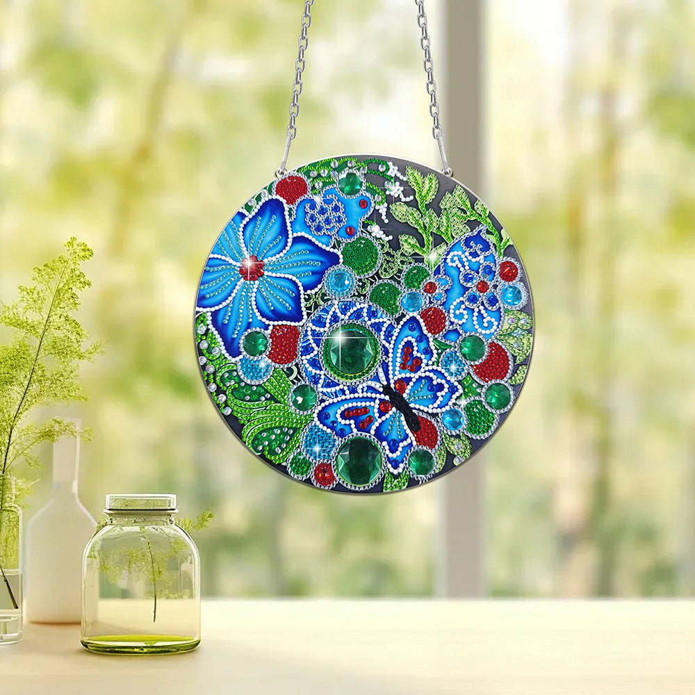 Acryl Blauwe Vlinder en Bloem Diamond Painting Hangende Hanger