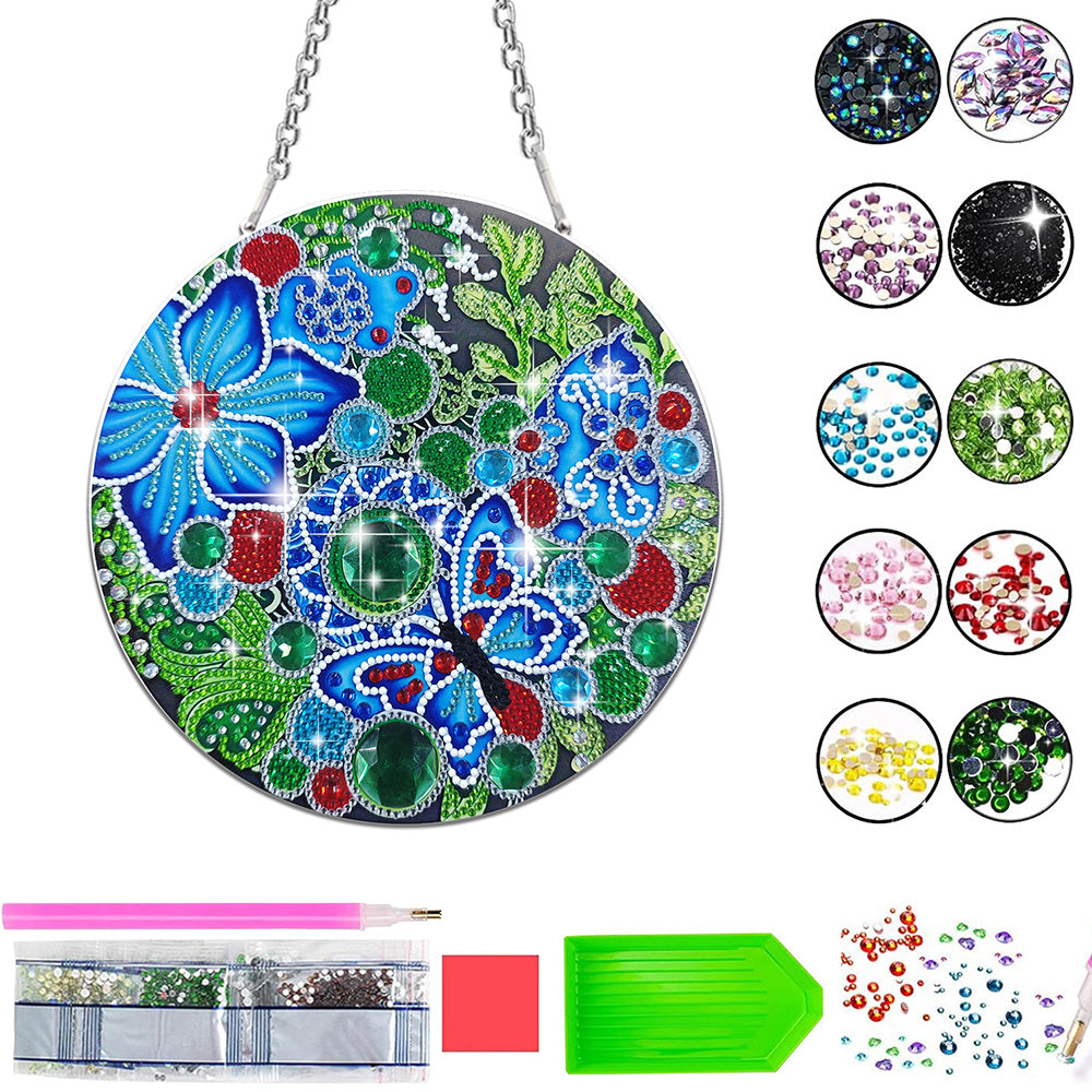 Acryl Blauwe Vlinder en Bloem Diamond Painting Hangende Hanger