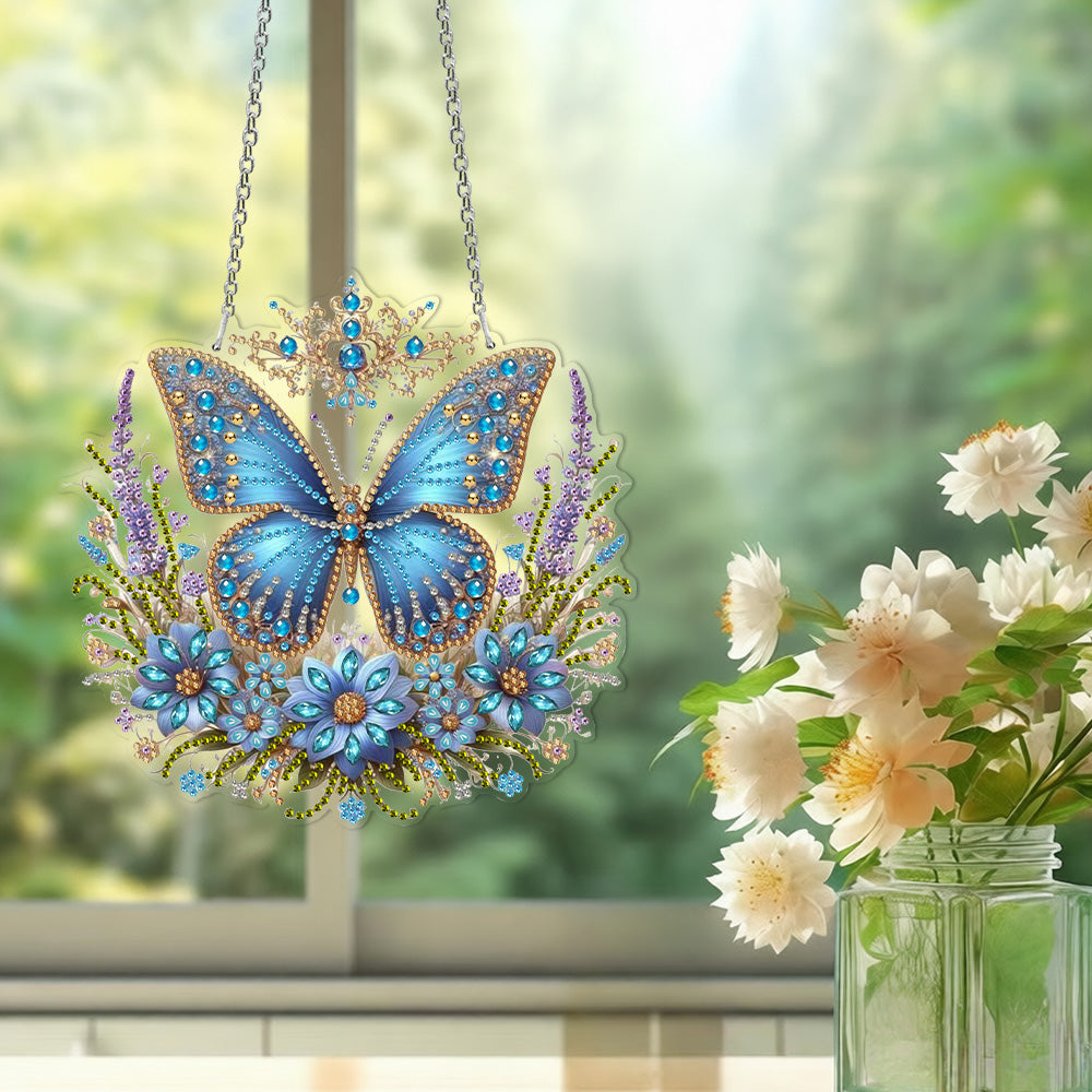 Acryl Blauwe Vlinder en Bloemen Diamond Painting Hangende Hanger