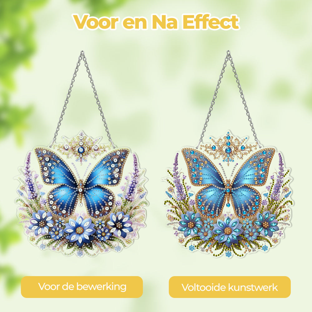 Acryl Blauwe Vlinder en Bloemen Diamond Painting Hangende Hanger