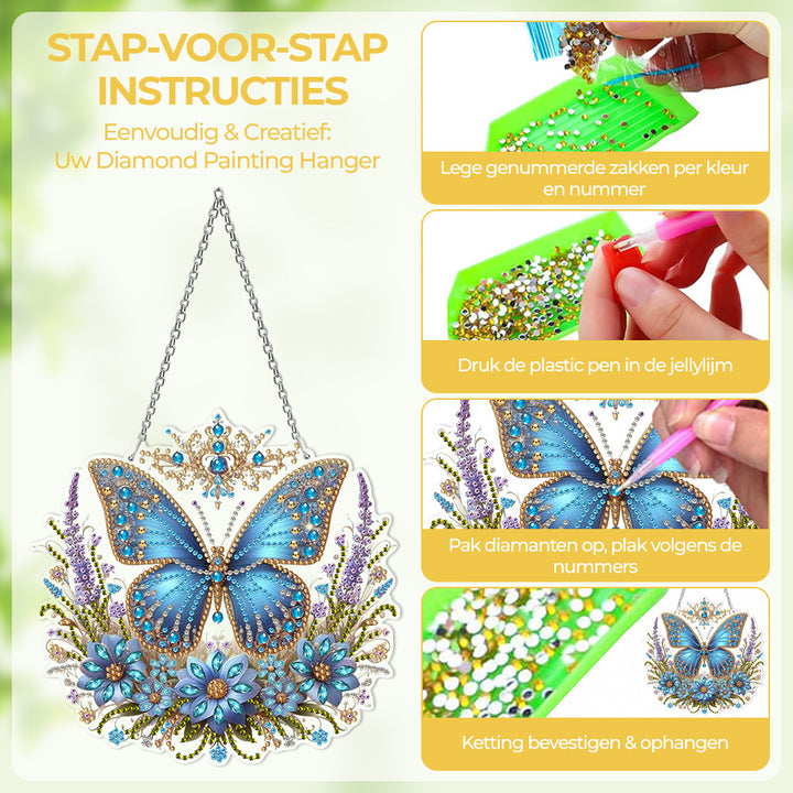 Acryl Blauwe Vlinder en Bloemen Diamond Painting Hangende Hanger