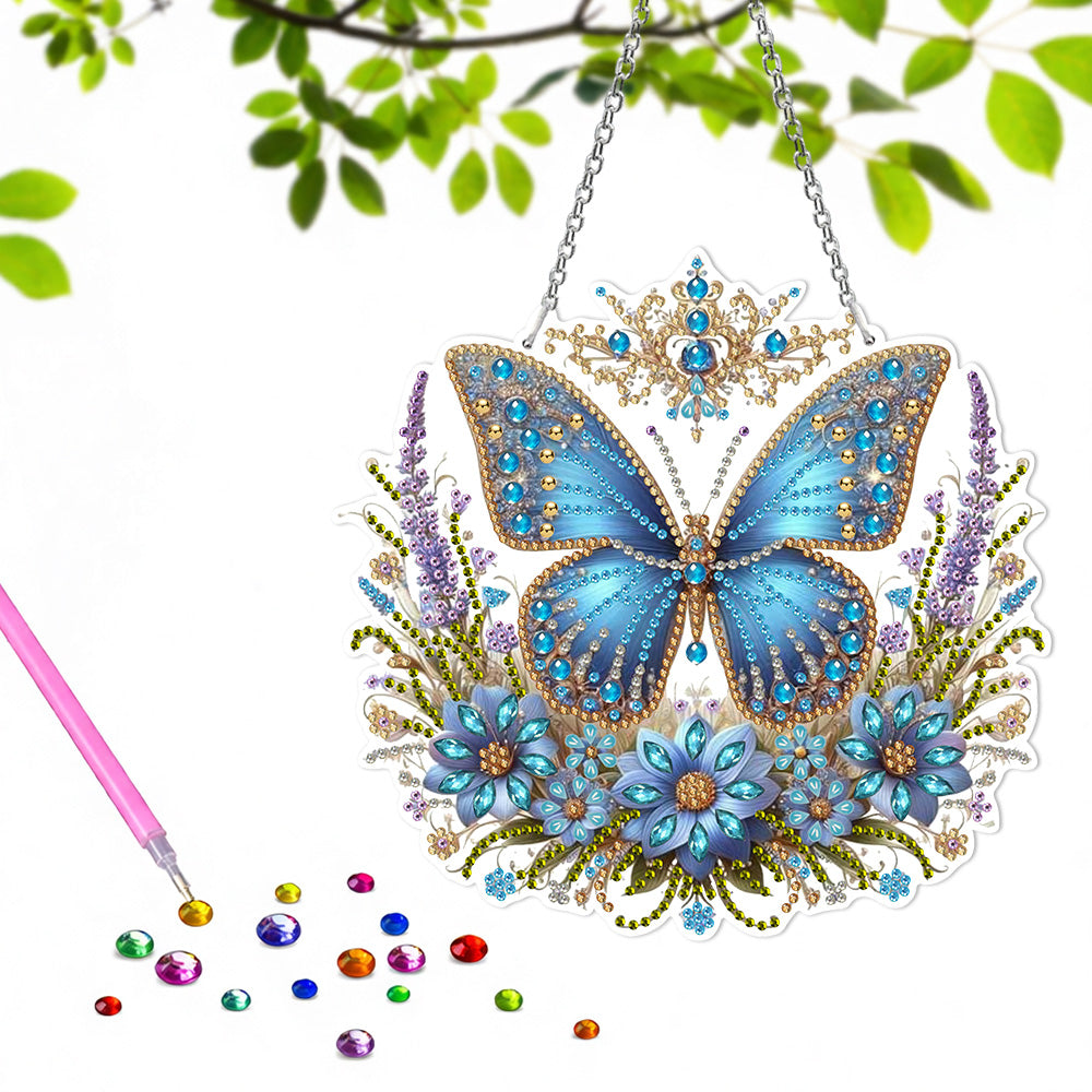 Acryl Blauwe Vlinder en Bloemen Diamond Painting Hangende Hanger
