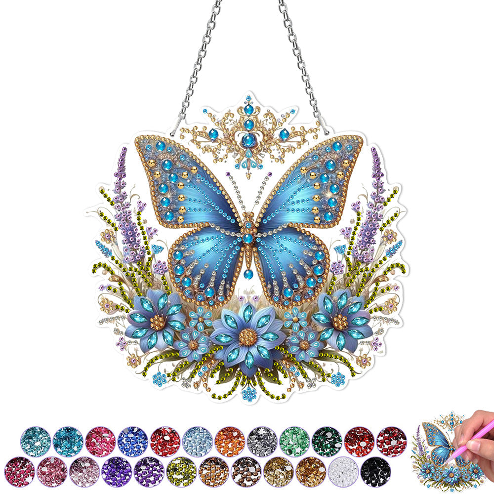 Acryl Blauwe Vlinder en Bloemen Diamond Painting Hangende Hanger