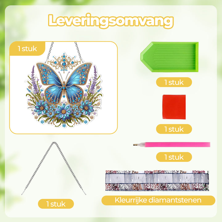 Acryl Blauwe Vlinder en Bloemen Diamond Painting Hangende Hanger