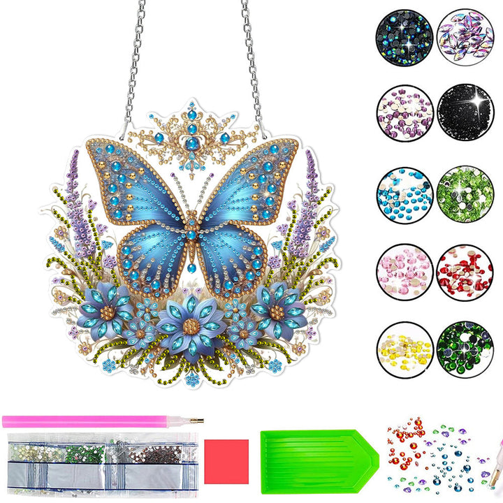 Acryl Blauwe Vlinder en Bloemen Diamond Painting Hangende Hanger