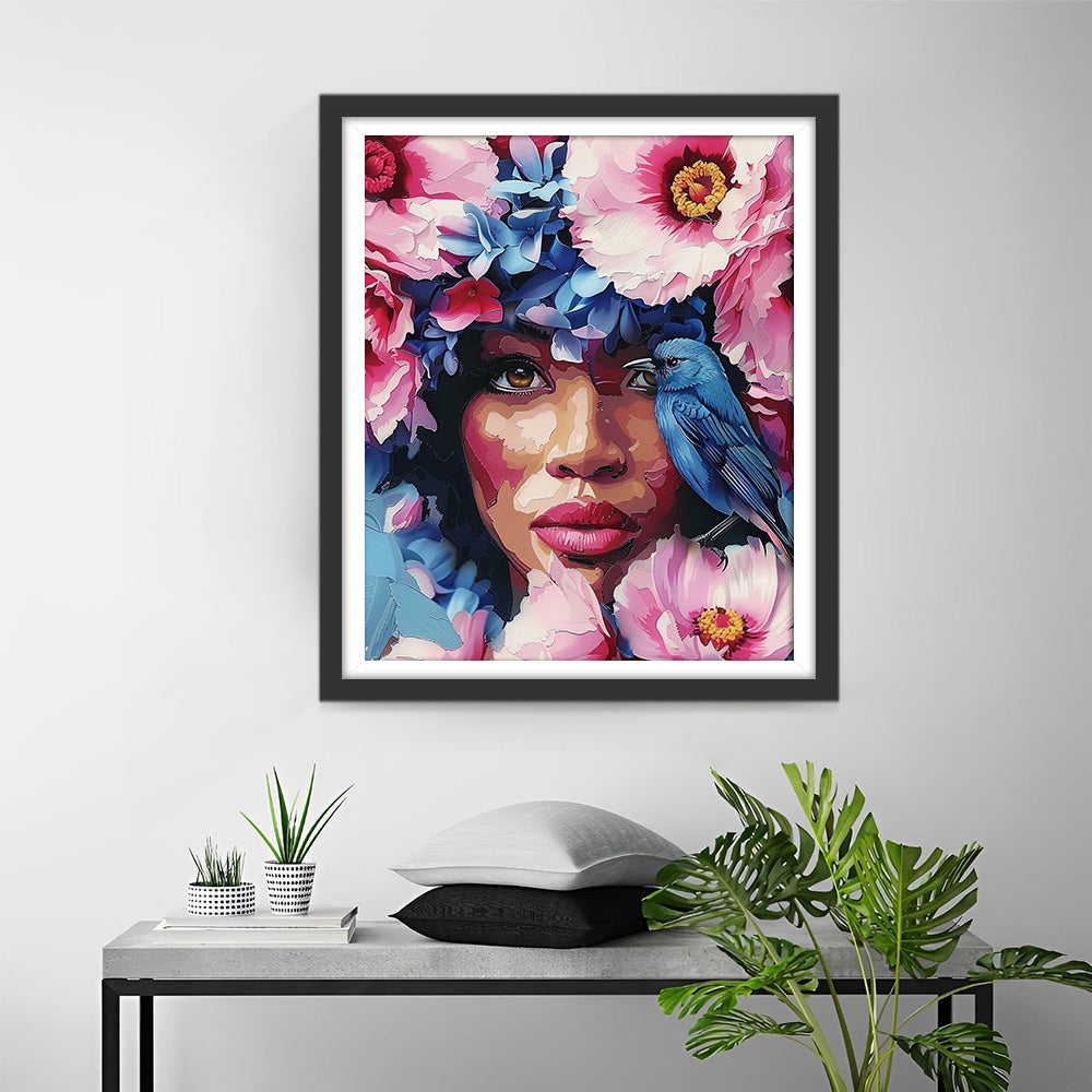 Afrikaanse Vrouw, Bloemen en Blauwe Vogel Diamond Painting