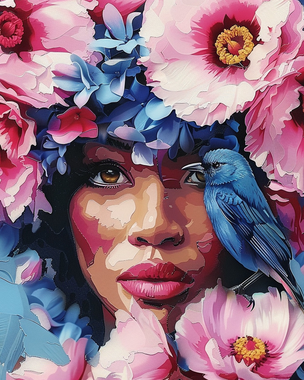 Afrikaanse Vrouw, Bloemen en Blauwe Vogel Diamond Painting