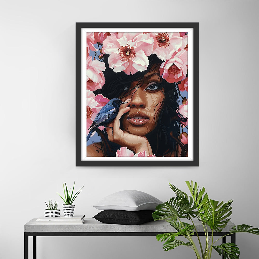 Afrikaanse Vrouw, Roze Bloemen en Blauwe Vogel Diamond Painting
