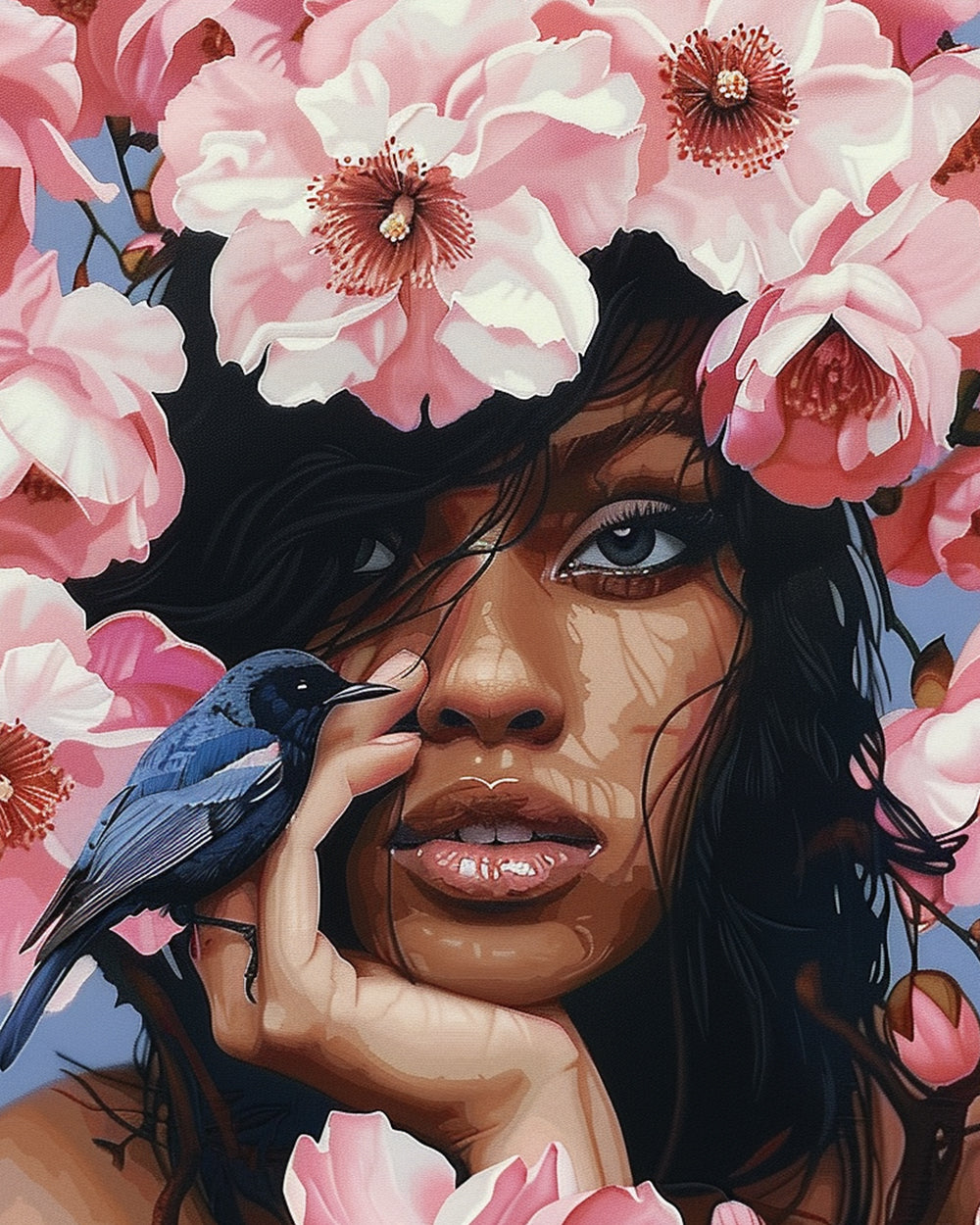 Afrikaanse Vrouw, Roze Bloemen en Blauwe Vogel Diamond Painting