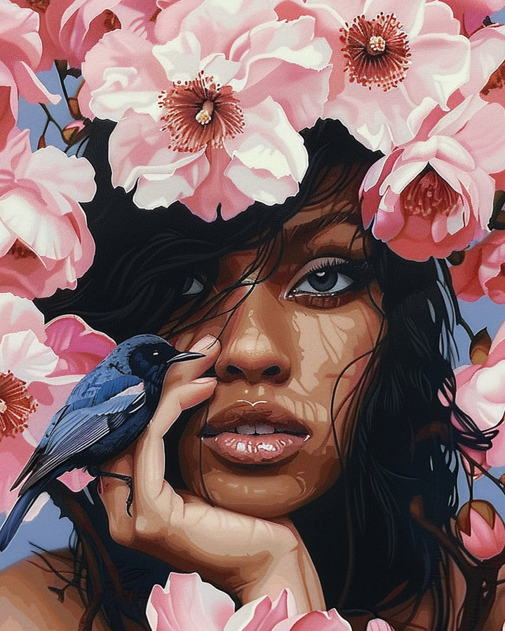 Afrikaanse Vrouw, Roze Bloemen en Blauwe Vogel Diamond Painting