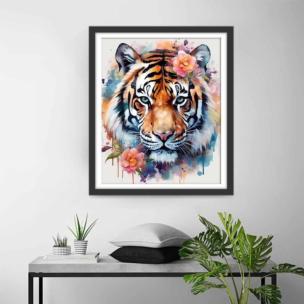 Aquarel Tijger en Roze Bloemen Diamond Painting