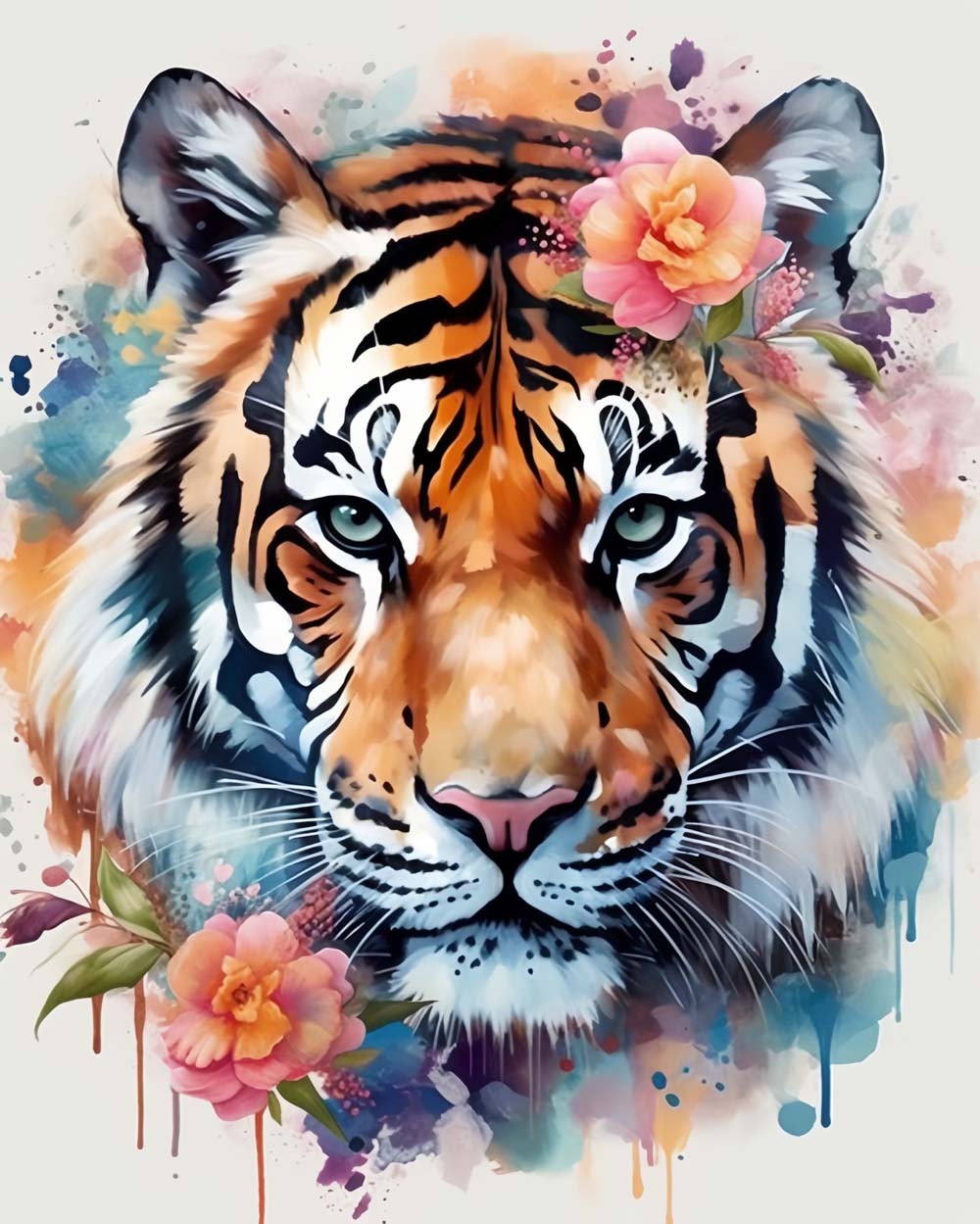 Aquarel Tijger en Roze Bloemen Diamond Painting