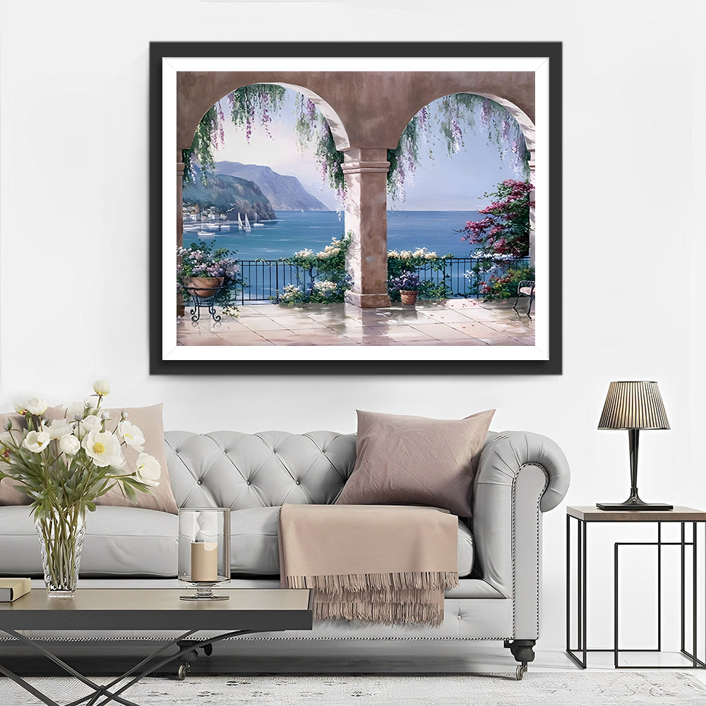 Arcade met Bloemen en het Aanblik van de Zee Diamond Painting