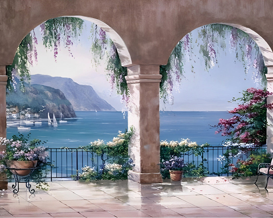 Arcade met Bloemen en het Aanblik van de Zee Diamond Painting