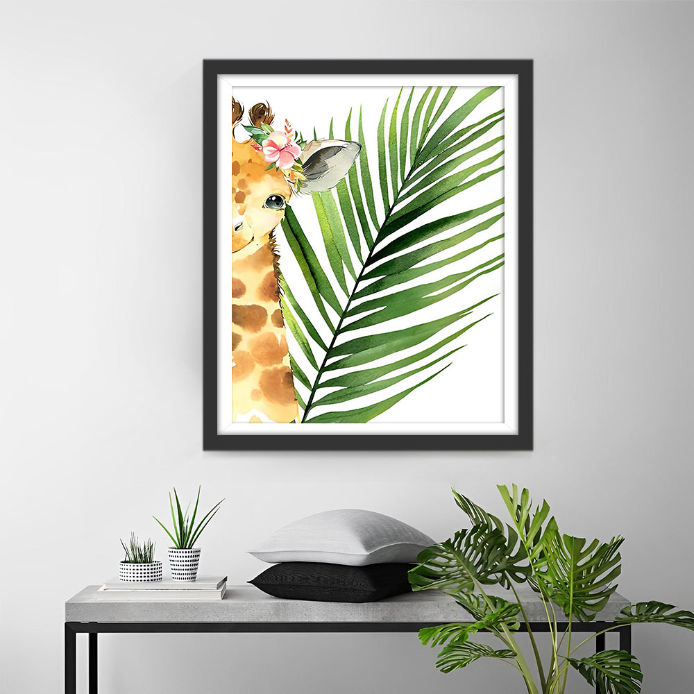 Baby Giraffe en Blad Diamond Painting