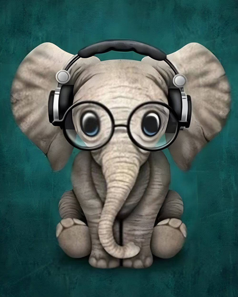 Baby Olifant met Brillen en Koptelefoon Diamond Painting