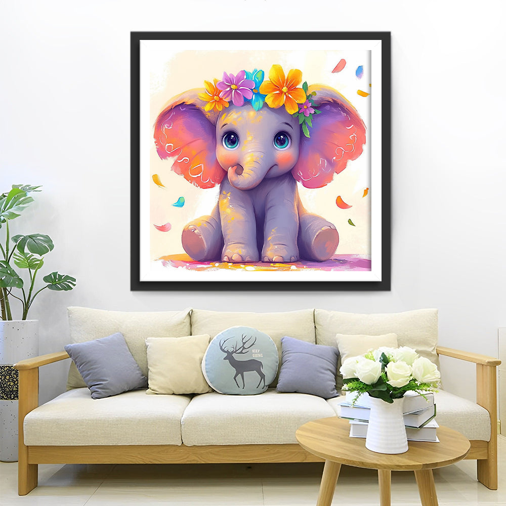 Baby Olifant met een Kleurrijke Slinger Diamond Painting