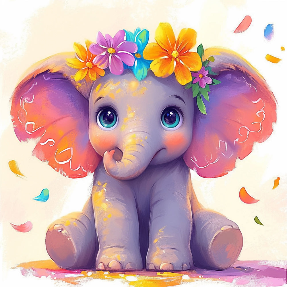 Baby Olifant met een Kleurrijke Slinger Diamond Painting