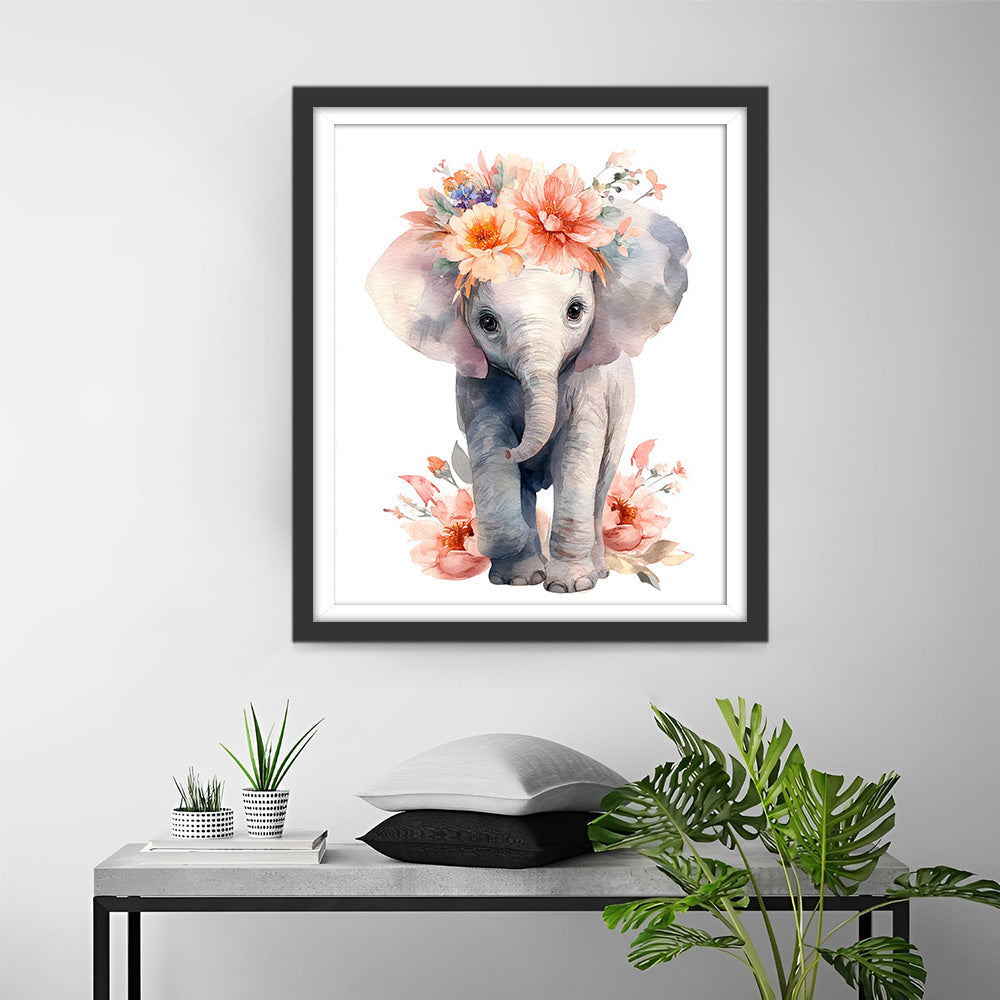 Babyolifant en Bloemen Diamond Painting