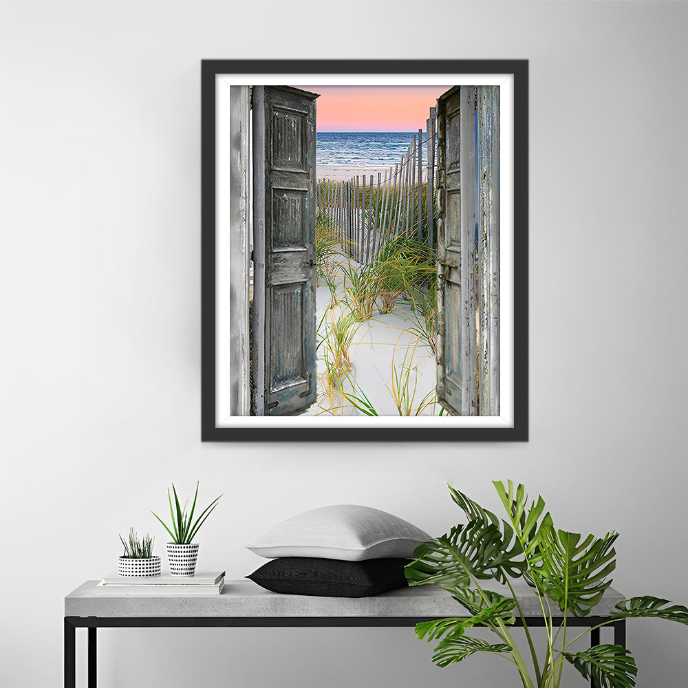 Bamboe Hek, Zee en Houten Deur Diamond Painting