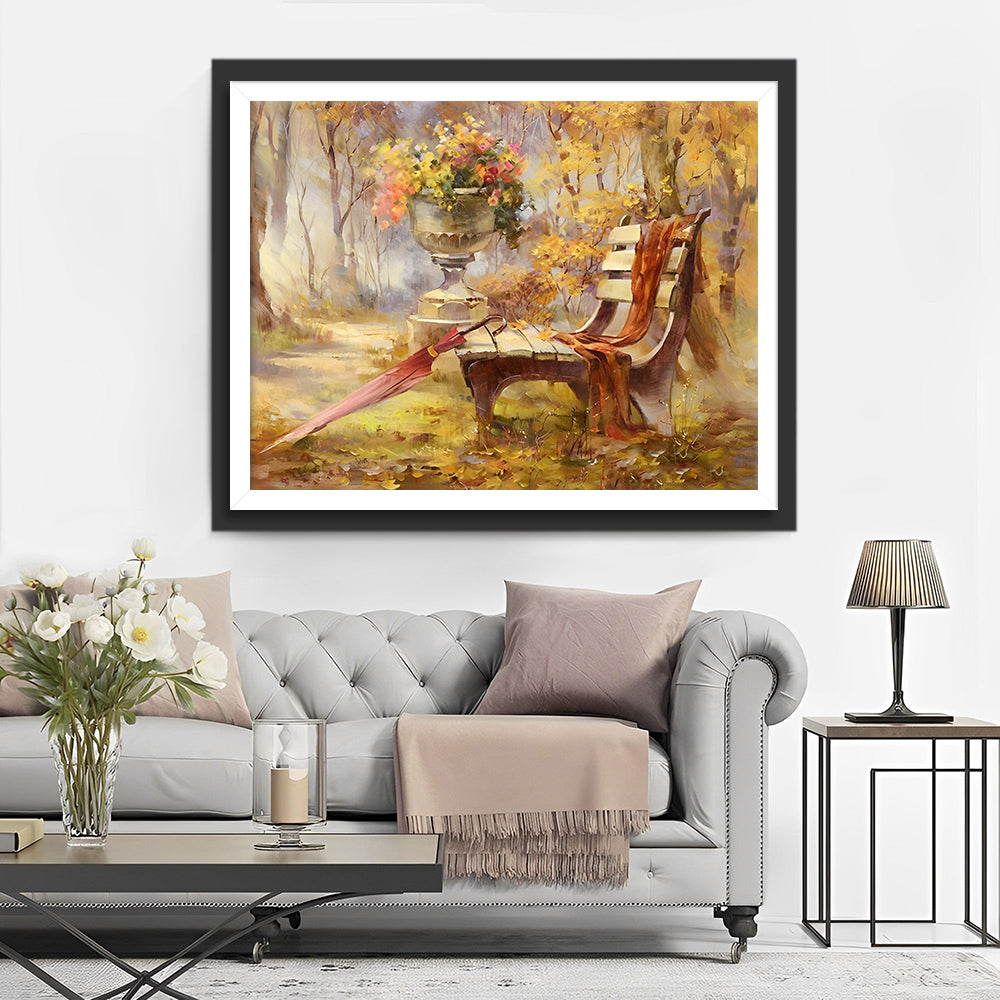 Bank en Paraplu in het Bos Diamond Painting