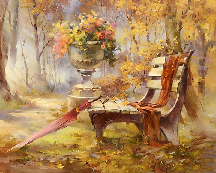 Bank en Paraplu in het Bos Diamond Painting