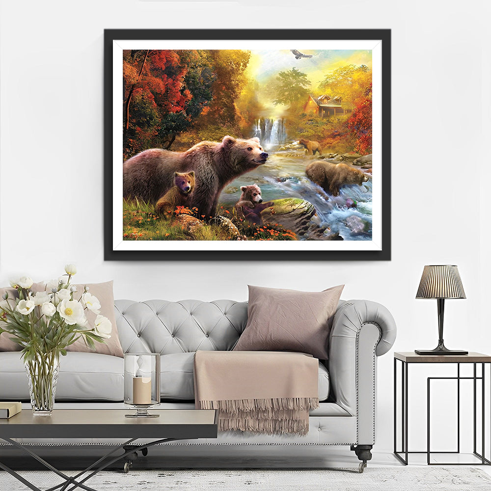 Beren bij de Rivier in het Herfstbos Diamond Painting