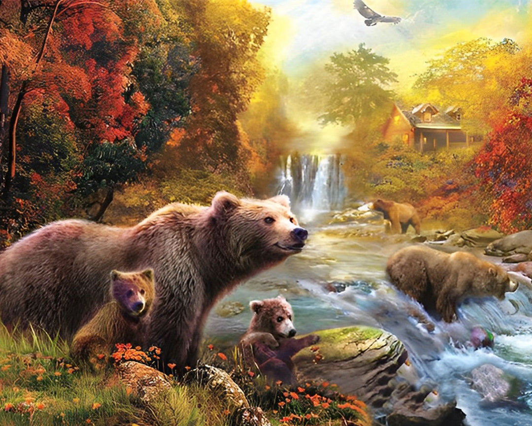 Beren bij de Rivier in het Herfstbos Diamond Painting