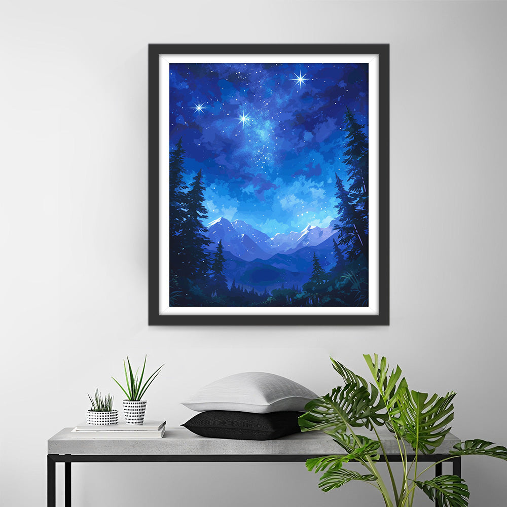 Bergen en Bossen onder de Blauwe Sterrenhemel Diamond Painting