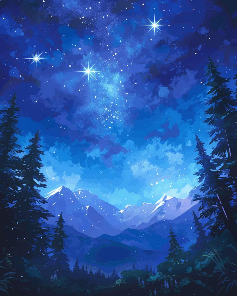 Bergen en Bossen onder de Blauwe Sterrenhemel Diamond Painting