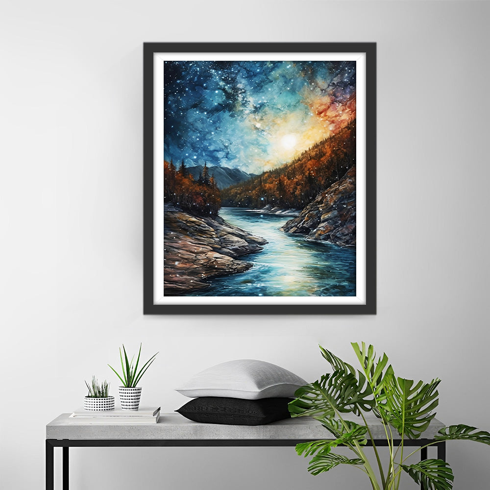 Bergen en Rivier onder de Stille Sterrenhemel Diamond Painting