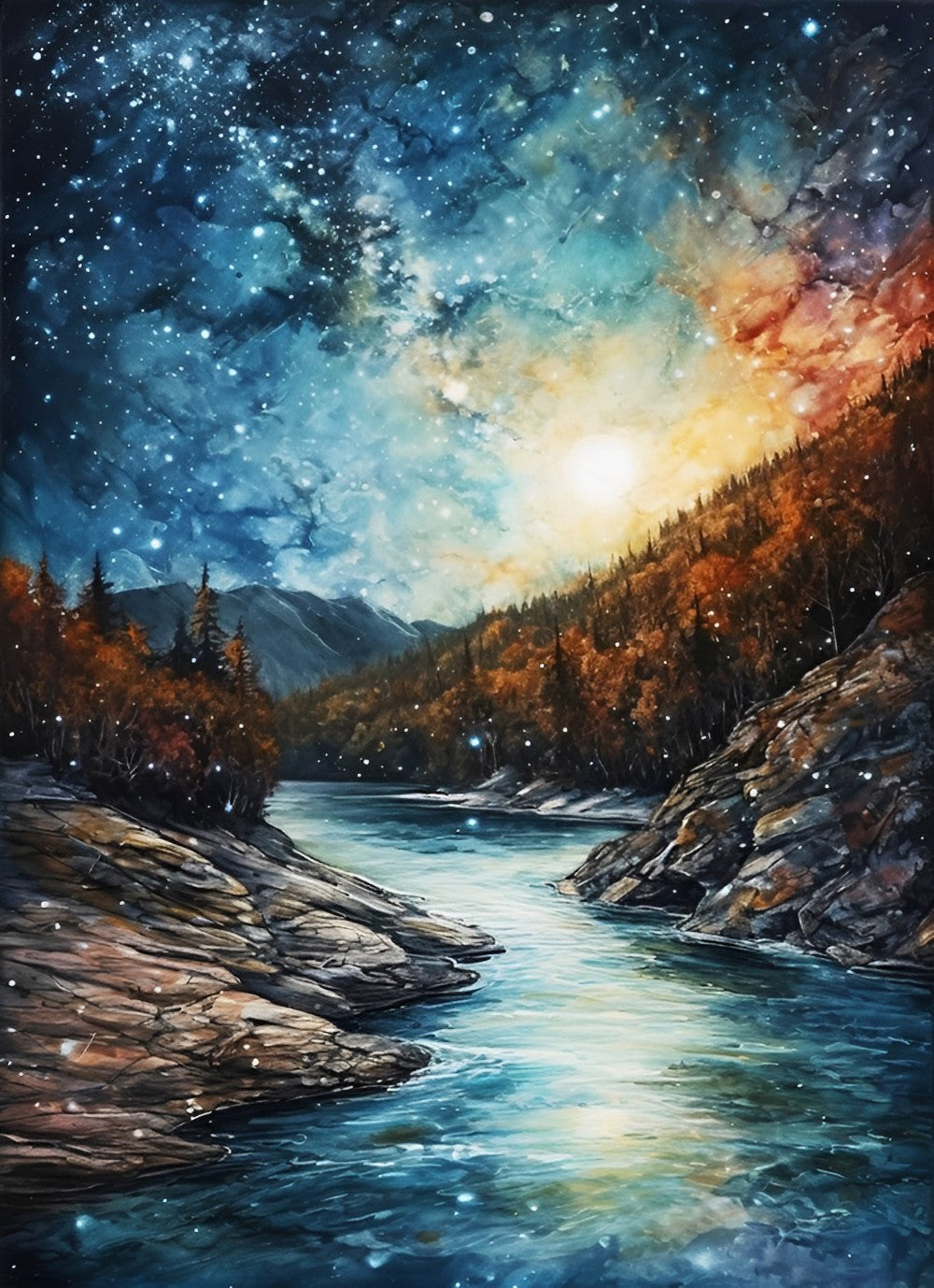 Bergen en Rivier onder de Stille Sterrenhemel Diamond Painting