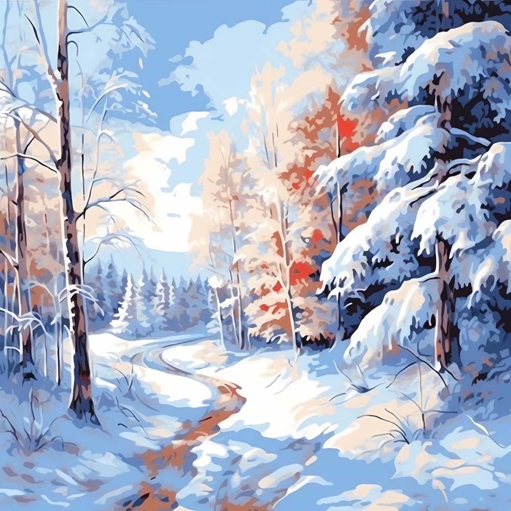 Besneeuwd Bos en Rivier Diamond Painting