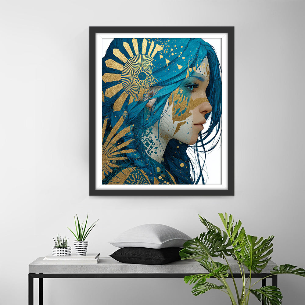 Blauw Harige Vrouw met Gouden Totem Diamond Painting