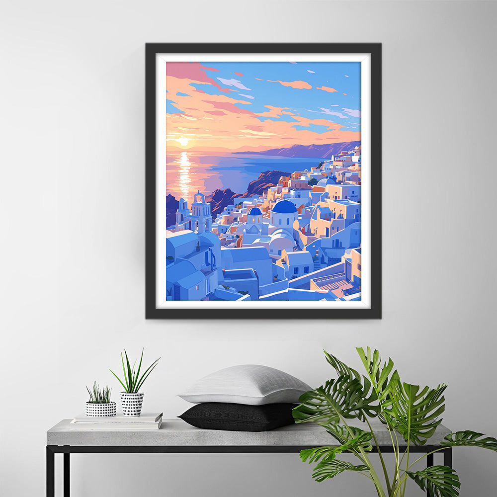 Blauw-witte Gebouwen aan de Kust Diamond Painting