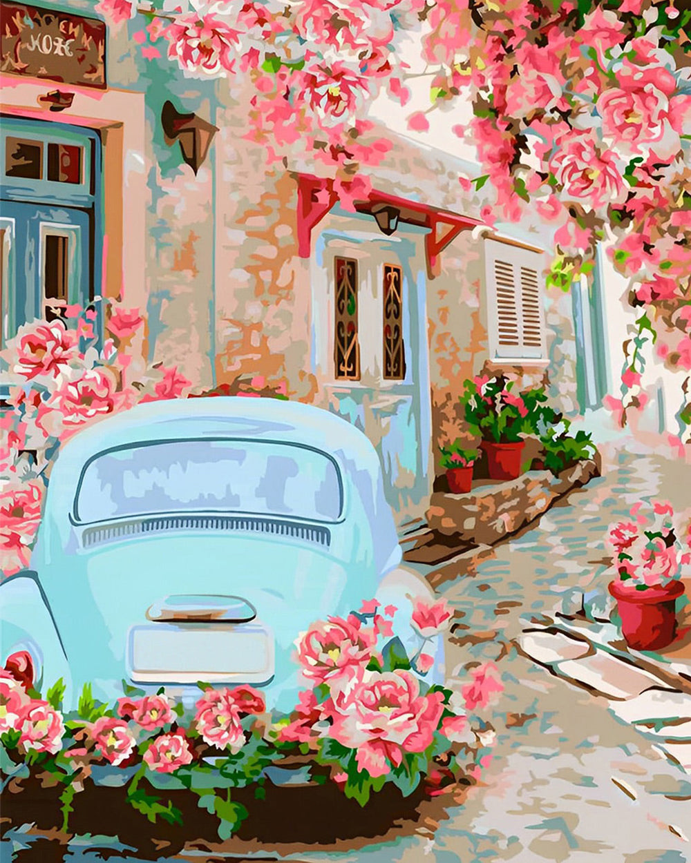 Blauwe Auto onder Roze Bloesemboom Diamond Painting