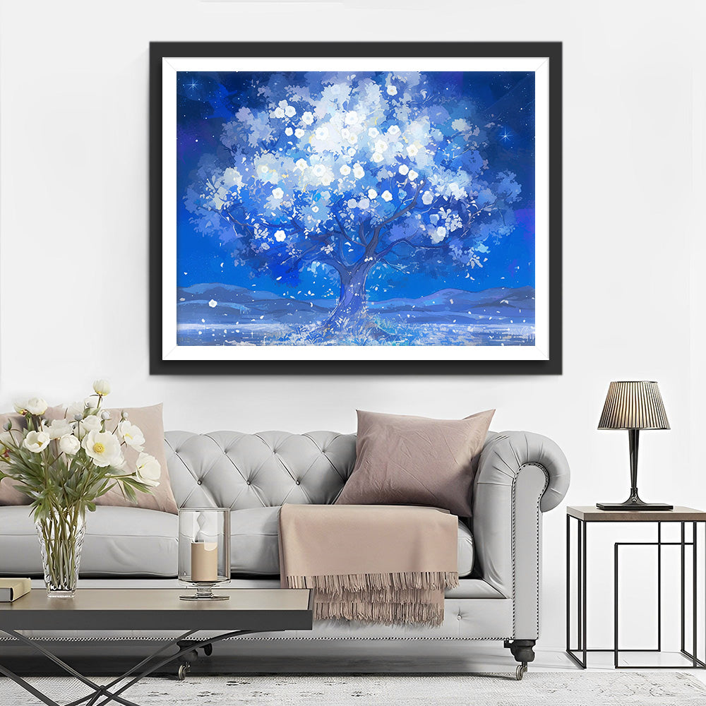 Blauwe Boom bij Nacht Diamond Painting