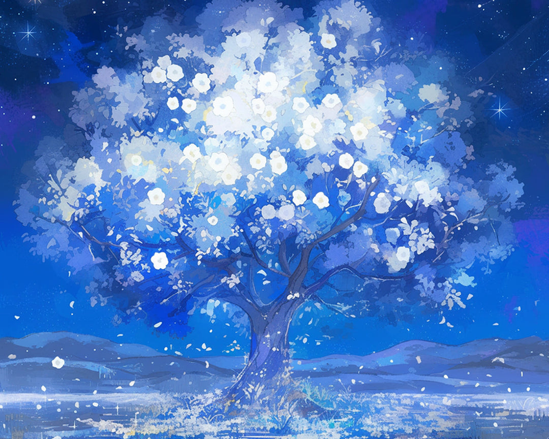 Blauwe Boom bij Nacht Diamond Painting