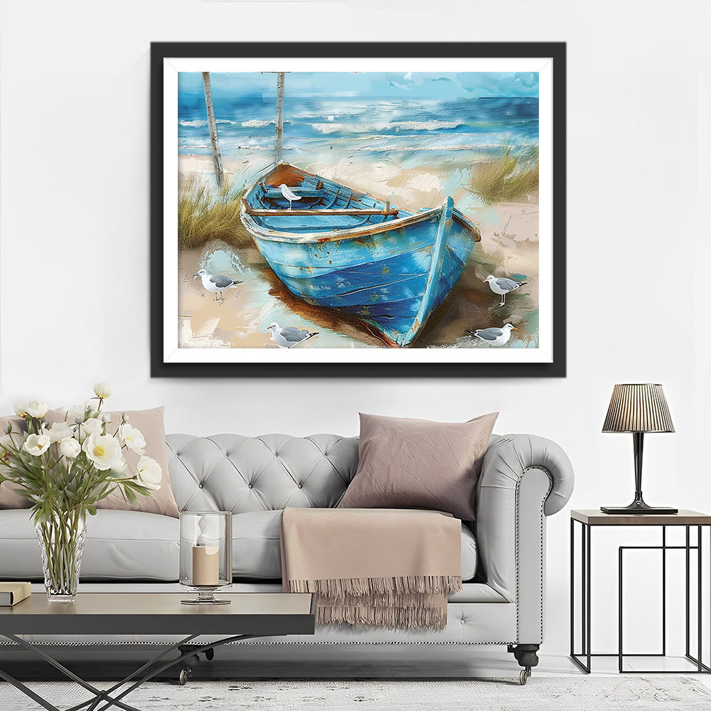 Blauwe Boot op het Strand Diamond Painting