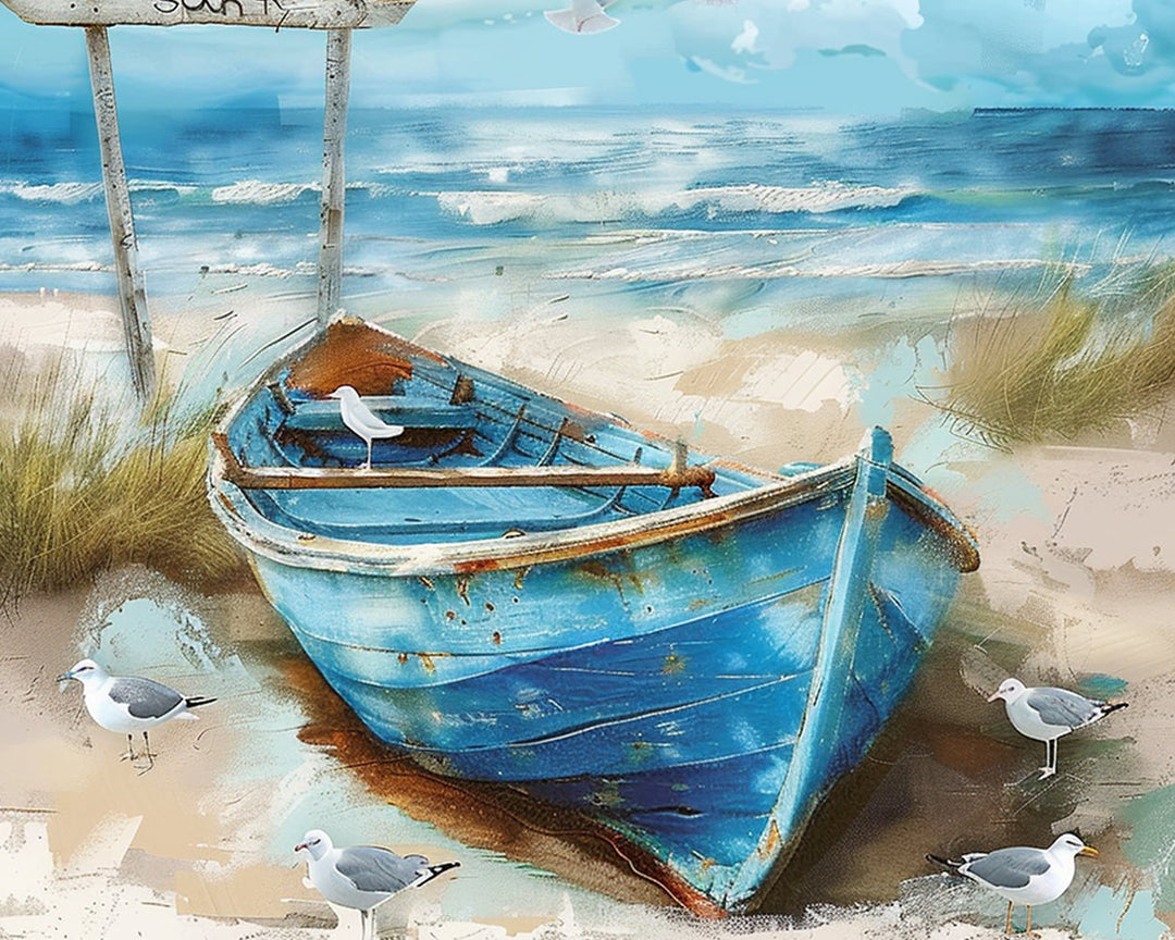 Blauwe Boot op het Strand Diamond Painting